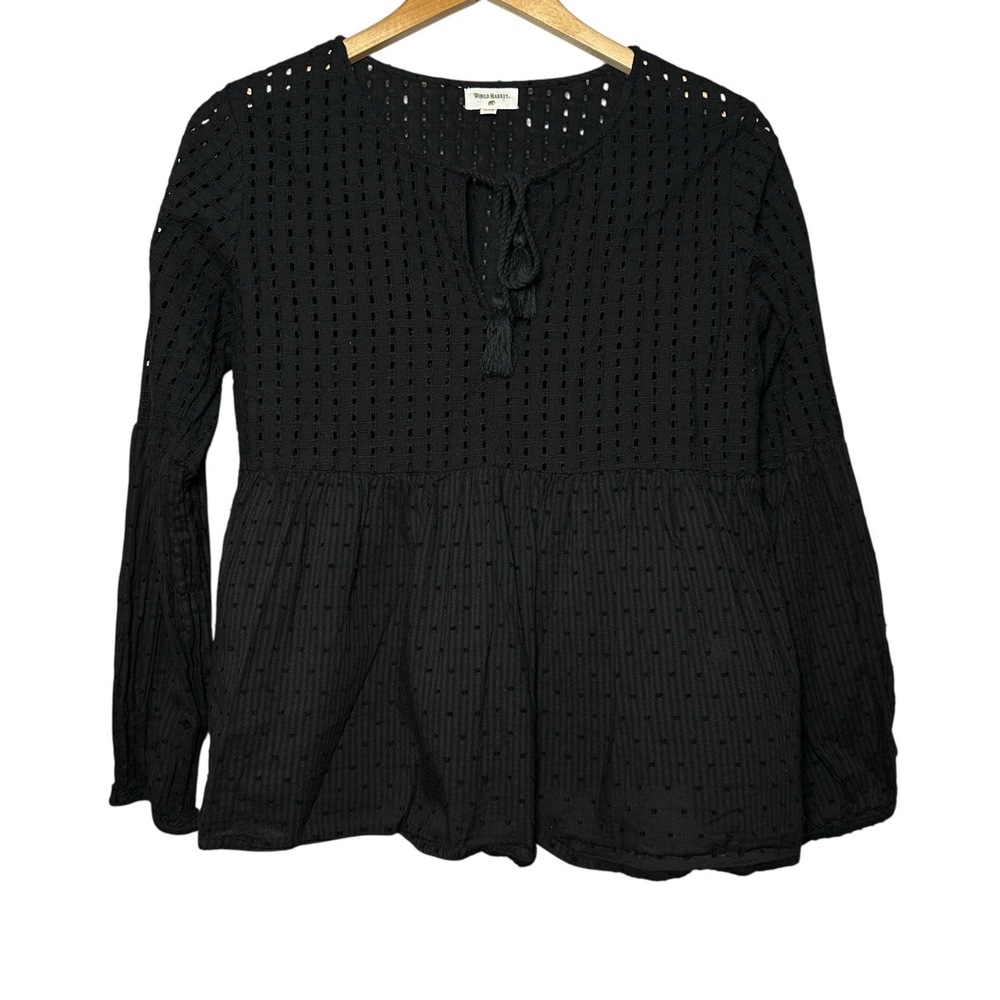World Market Black Cotton Boho Peasant Blouse Eyelet Tassel Top S/M Cottagecore